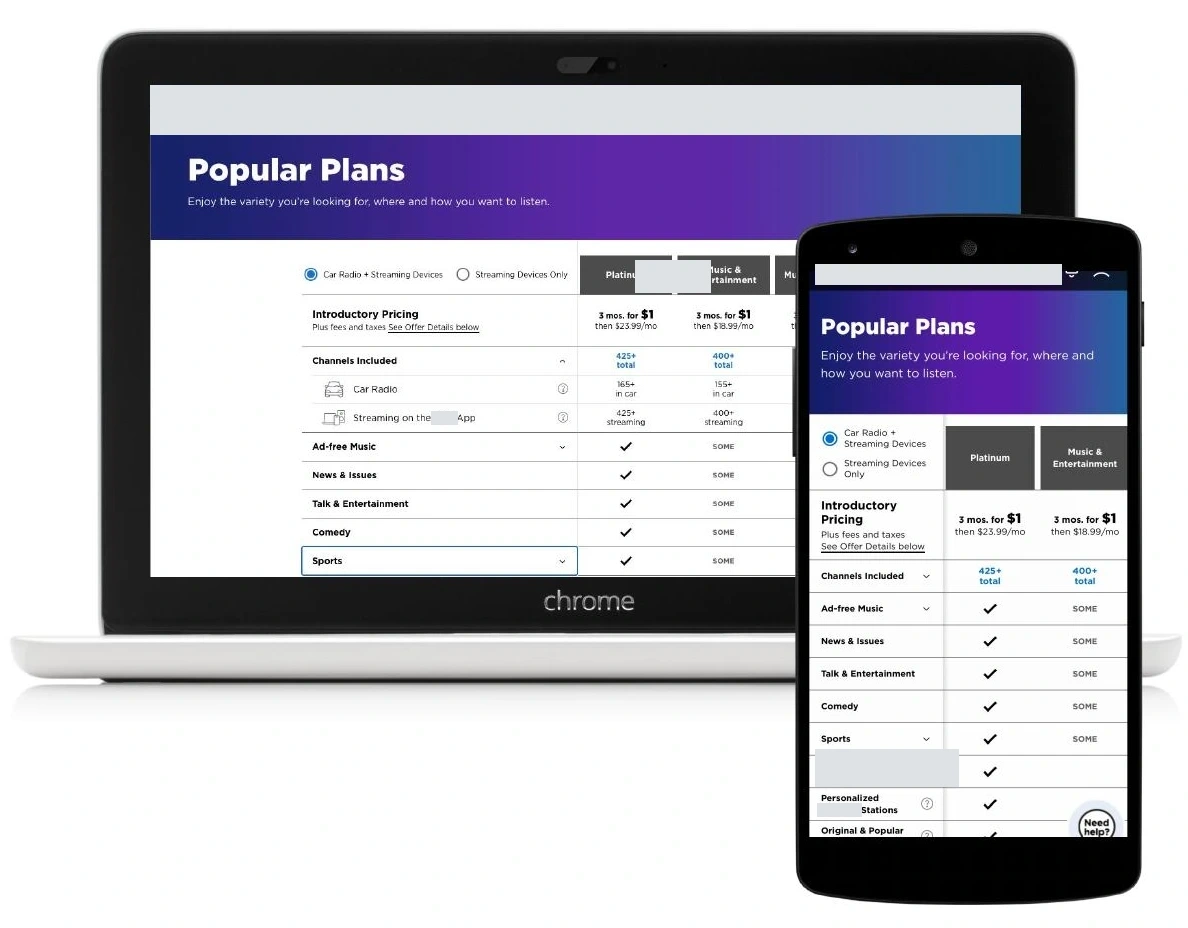 Subscription plan comparison tables on desktop and mobile
