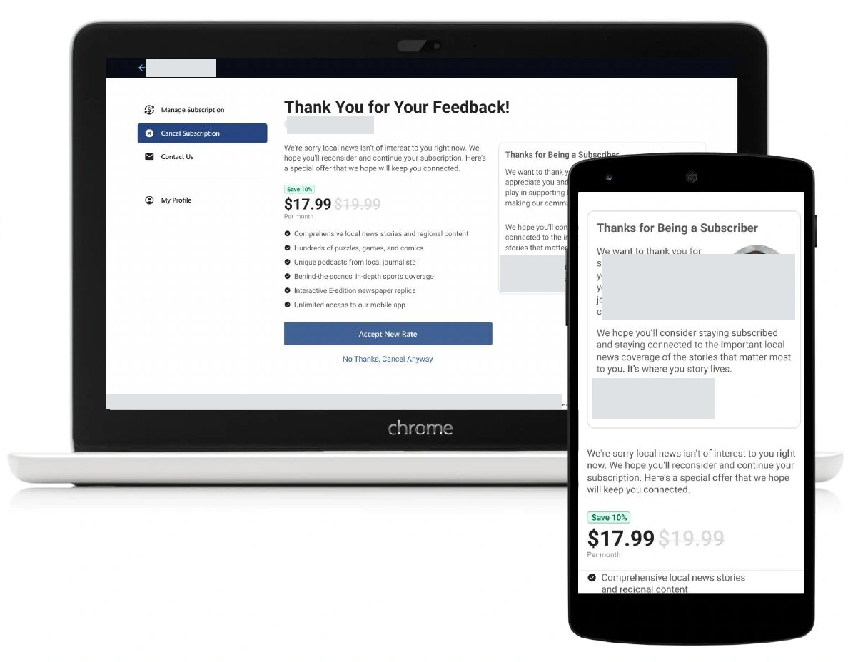 Subscription cancellation and save offer on desktop and mobile
